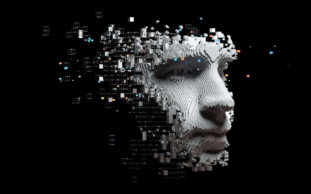 Abstract digital graphic of military artificial intelligence network nodes and defense systems