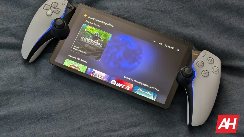 A modern gaming handheld showing high-resolution gameplay in docked mode.